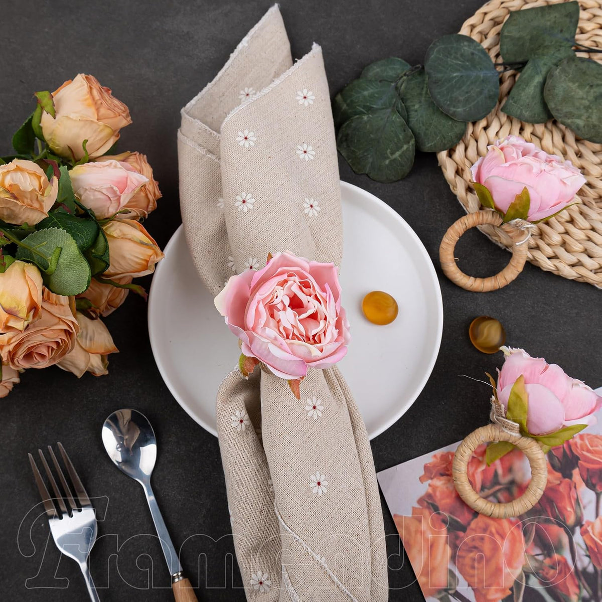8 Pack Pink Flower Napkin Rings Set Table Decoration for Wedding Picnics Banquet Luncheons Valentine's