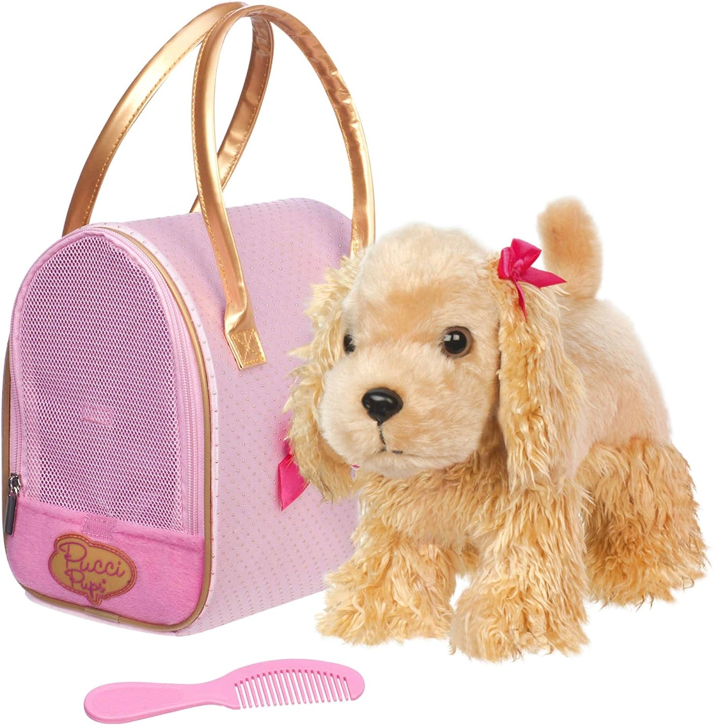 Pucci Pups – Plush Puppy – Carrier Bag – Golden Dot Glam Bag & Cocker Spaniel – Comb & Purse – Stuffed Animal – 2+ Years