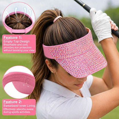 Bling Shiny Rhinestone Sports Sun Visor Hat for Women Summer Adjustable Breathable Beach Visor Caps Running Golf Sun Hat
