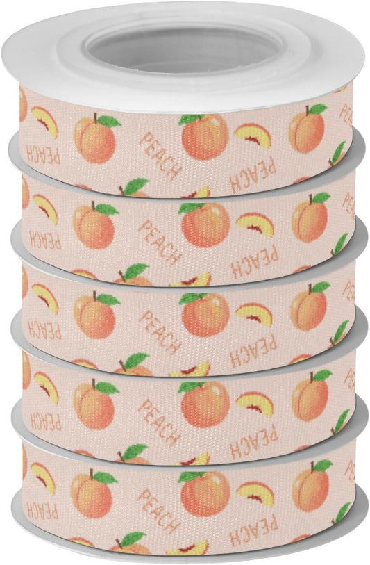 Fruit Peaches Pink Pattern 5 Rolls 25 Yards Fabric Ribbon for Gift Wrapping 3/5 inch Holiday Festival Ribbon Set for Wreath Bow DIY Crafts Party Xmas Wedding Decorations