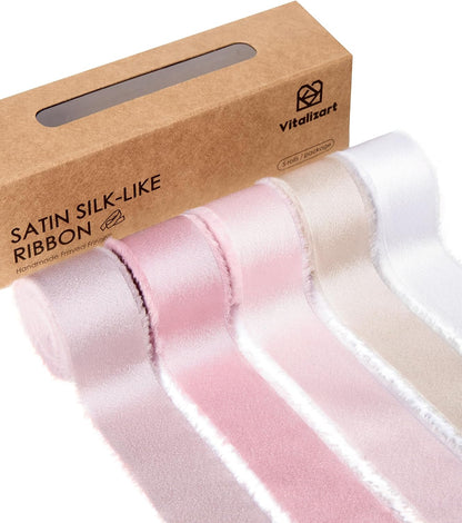 Pink & Nude Silk Satin Ribbon 1" x 25 Yds Handmade Frayed Edges