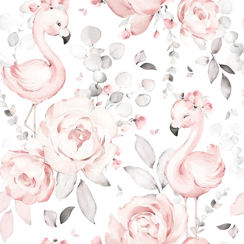 Cute Pink Floral White Grey Flamingo Peel and Stick Wallpaper Self Adhesive Removable Easy Peel Off Contact Paper Stick on Wall Paper for Bedroom Cabinet Renter Friendly