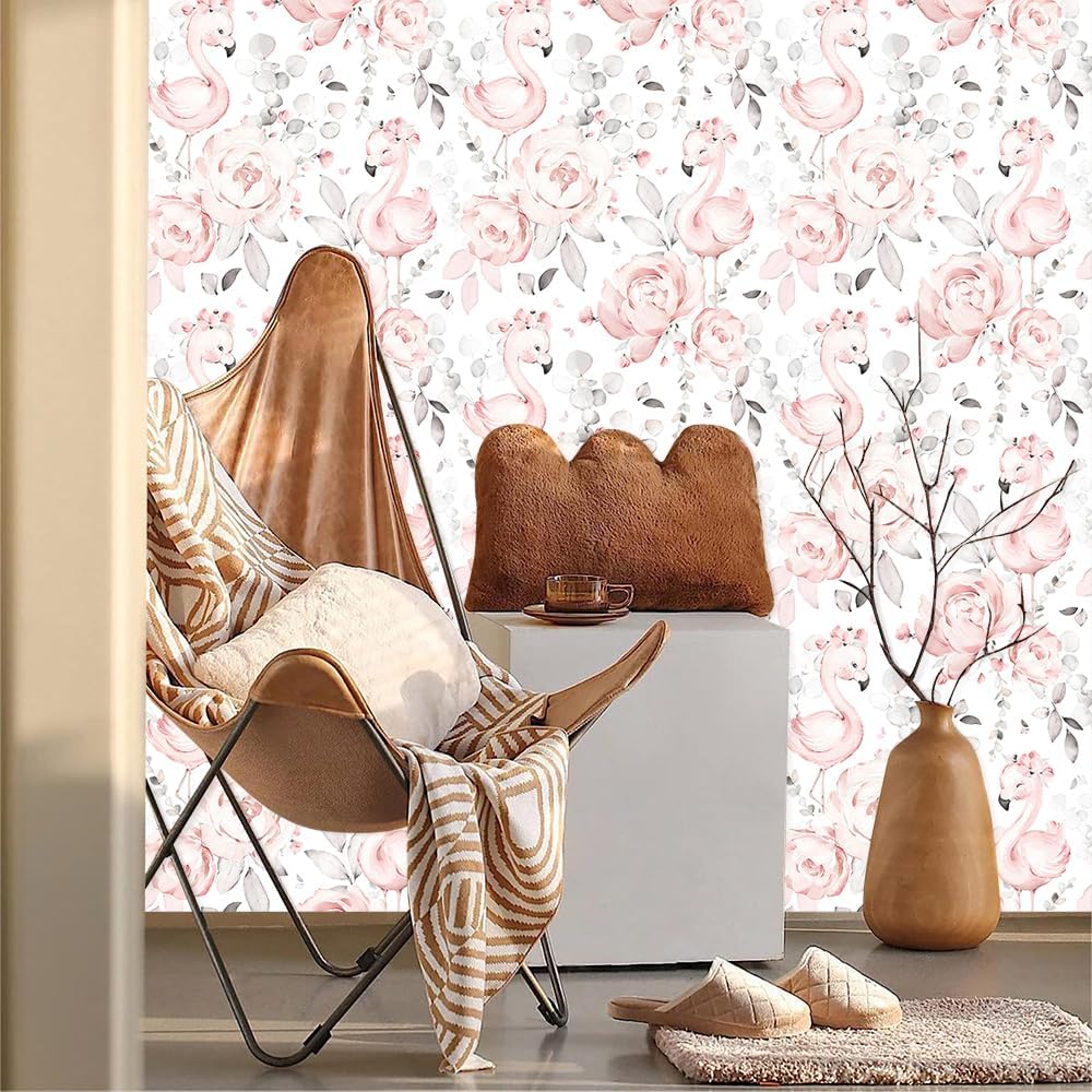 Cute Pink Floral White Grey Flamingo Peel and Stick Wallpaper Self Adhesive Removable Easy Peel Off Contact Paper Stick on Wall Paper for Bedroom Cabinet Renter Friendly