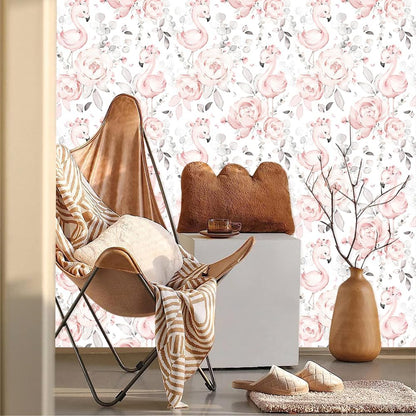 Cute Pink Floral White Grey Flamingo Peel and Stick Wallpaper Self Adhesive Removable Easy Peel Off Contact Paper Stick on Wall Paper for Bedroom Cabinet Renter Friendly