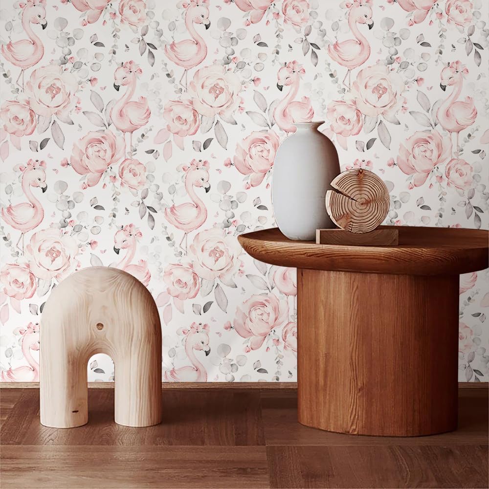 Cute Pink Floral White Grey Flamingo Peel and Stick Wallpaper Self Adhesive Removable Easy Peel Off Contact Paper Stick on Wall Paper for Bedroom Cabinet Renter Friendly