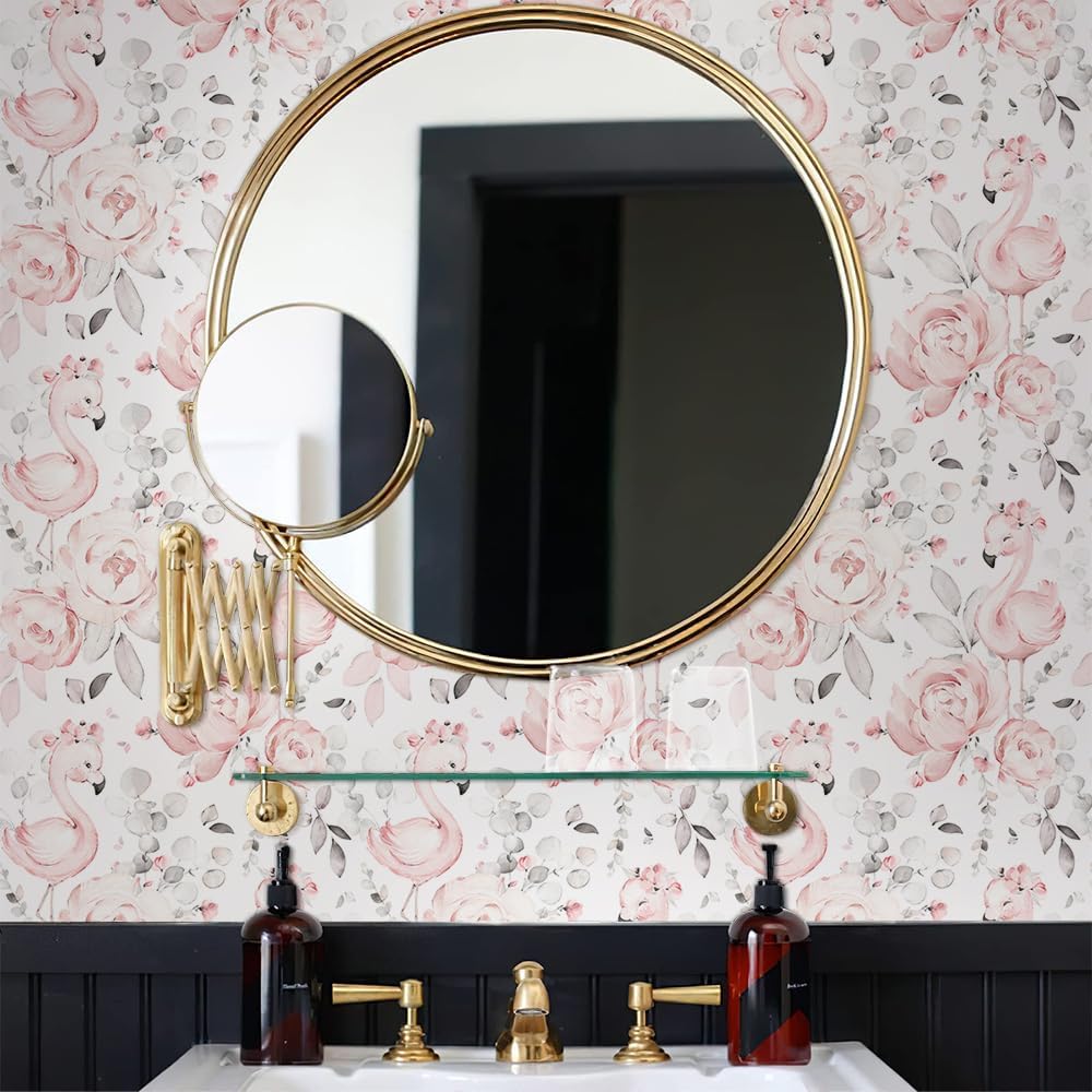Cute Pink Floral White Grey Flamingo Peel and Stick Wallpaper Self Adhesive Removable Easy Peel Off Contact Paper Stick on Wall Paper for Bedroom Cabinet Renter Friendly