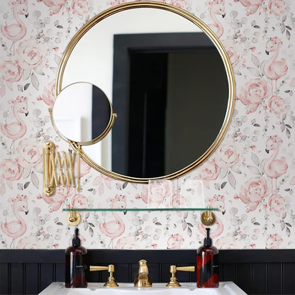Cute Pink Floral White Grey Flamingo Peel and Stick Wallpaper Self Adhesive Removable Easy Peel Off Contact Paper Stick on Wall Paper for Bedroom Cabinet Renter Friendly
