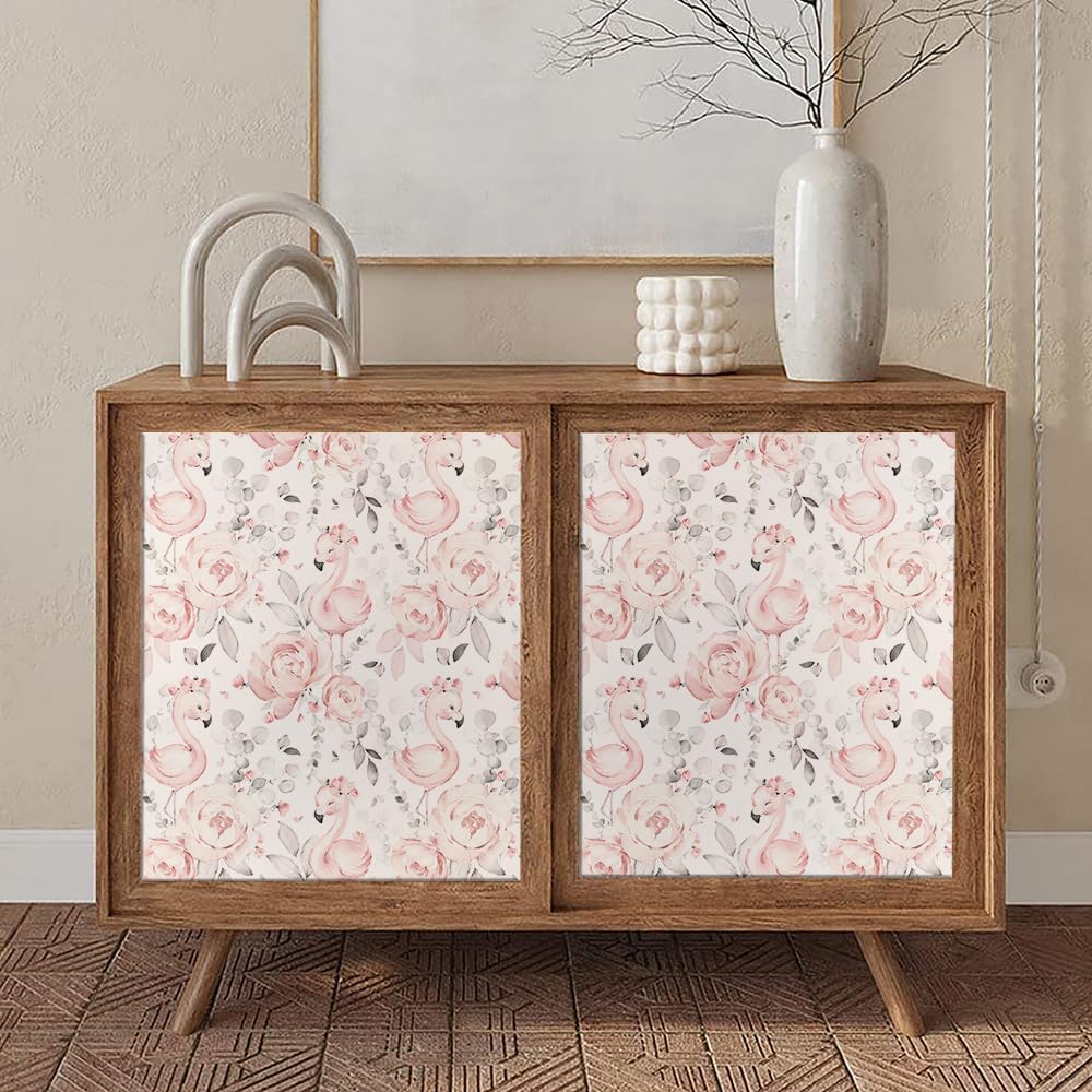 Cute Pink Floral White Grey Flamingo Peel and Stick Wallpaper Self Adhesive Removable Easy Peel Off Contact Paper Stick on Wall Paper for Bedroom Cabinet Renter Friendly