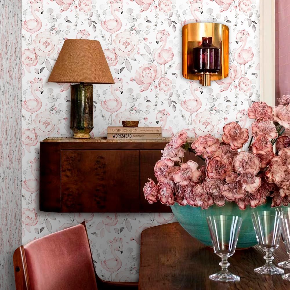 Cute Pink Floral White Grey Flamingo Peel and Stick Wallpaper Self Adhesive Removable Easy Peel Off Contact Paper Stick on Wall Paper for Bedroom Cabinet Renter Friendly