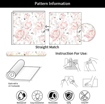 Cute Pink Floral White Grey Flamingo Peel and Stick Wallpaper Self Adhesive Removable Easy Peel Off Contact Paper Stick on Wall Paper for Bedroom Cabinet Renter Friendly