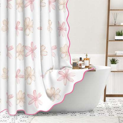 Floral Scalloped Shower Curtain with 12 Hooks 71x74Inches