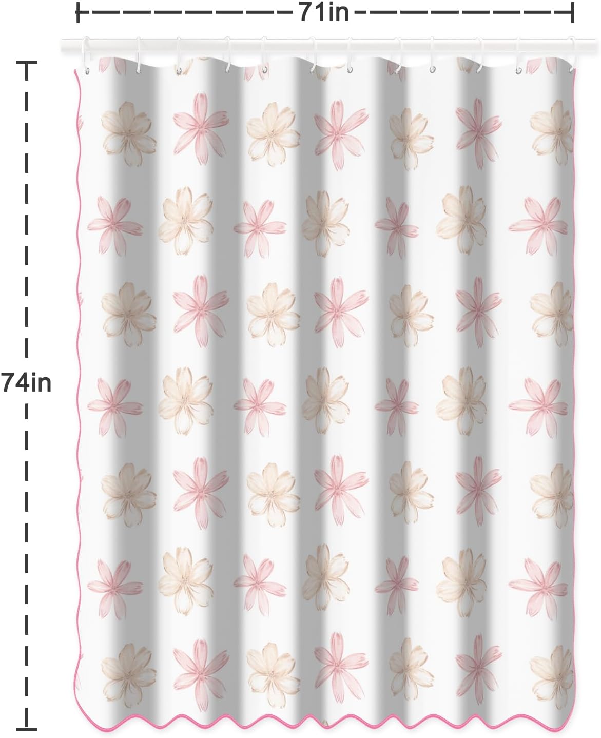 Floral Scalloped Shower Curtain with 12 Hooks 71x74Inches