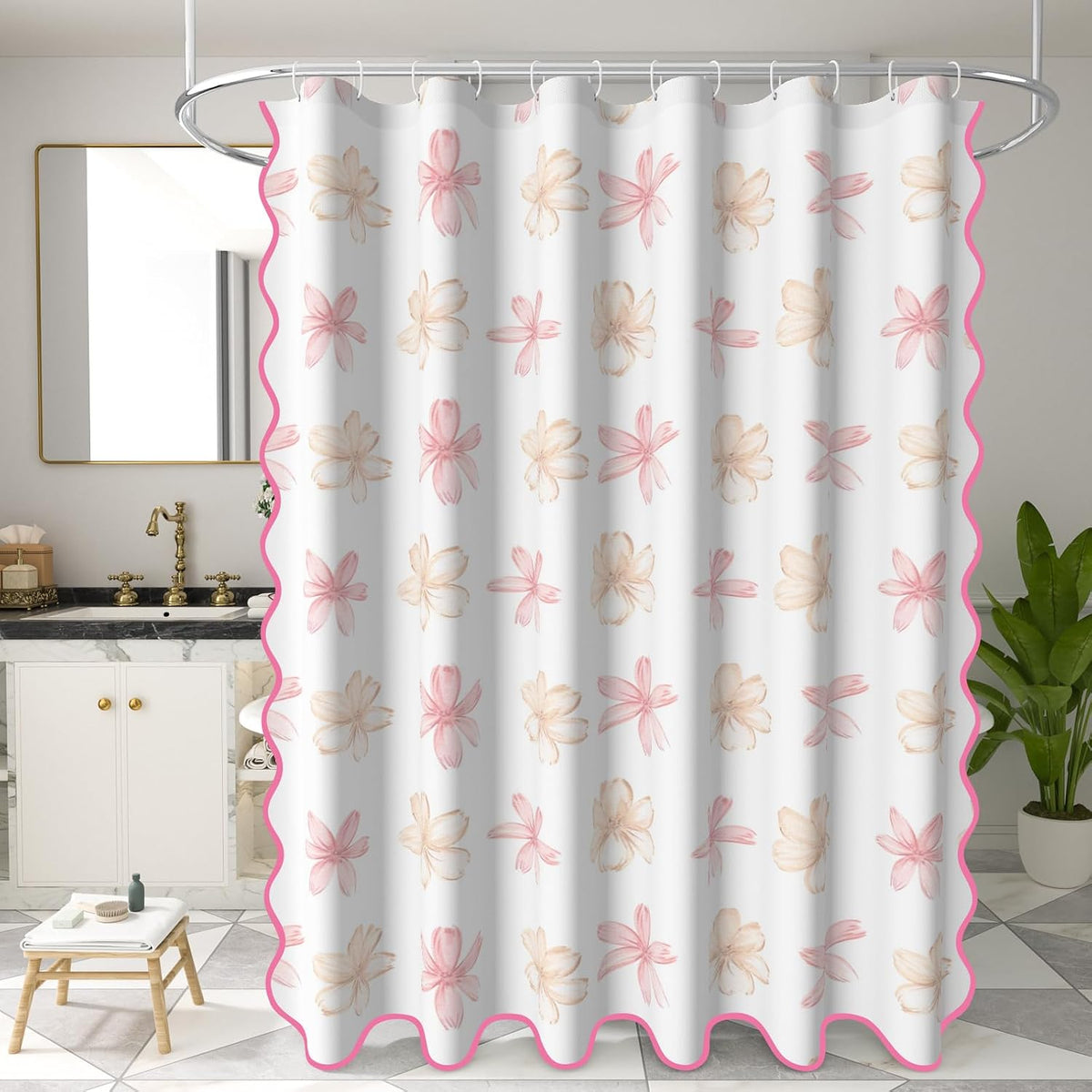 Floral Scalloped Shower Curtain with 12 Hooks 71x74Inches