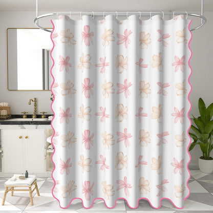 Floral Scalloped Shower Curtain with 12 Hooks 71x74Inches