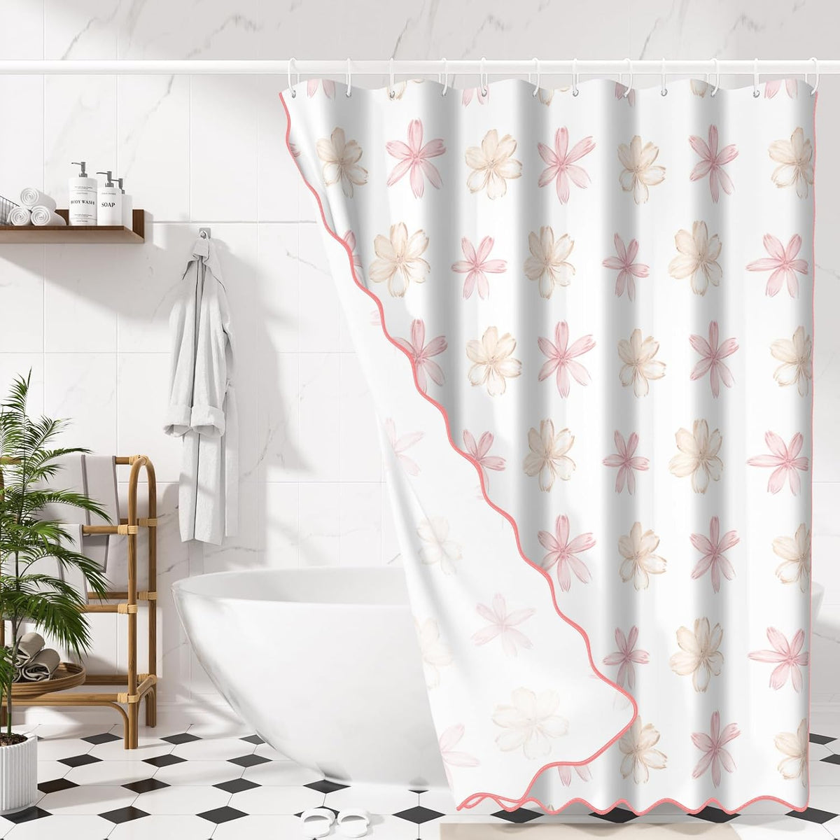 Floral Scalloped Shower Curtain with 12 Hooks 71x74Inches
