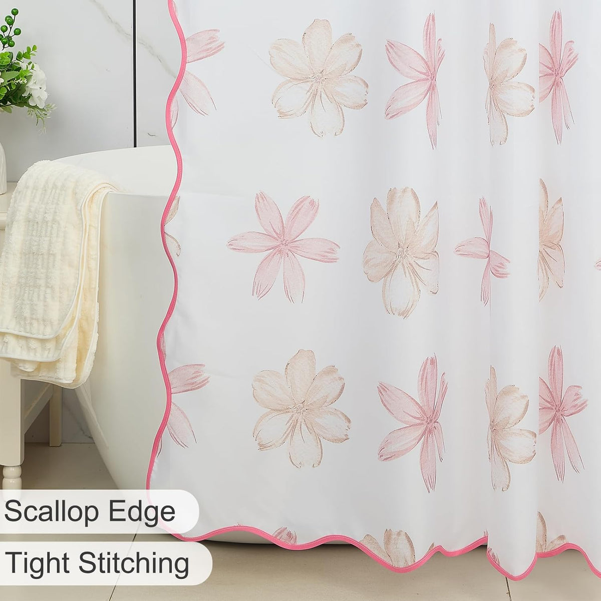 Floral Scalloped Shower Curtain with 12 Hooks 71x74Inches