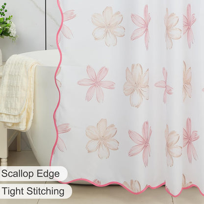 Floral Scalloped Shower Curtain with 12 Hooks 71x74Inches