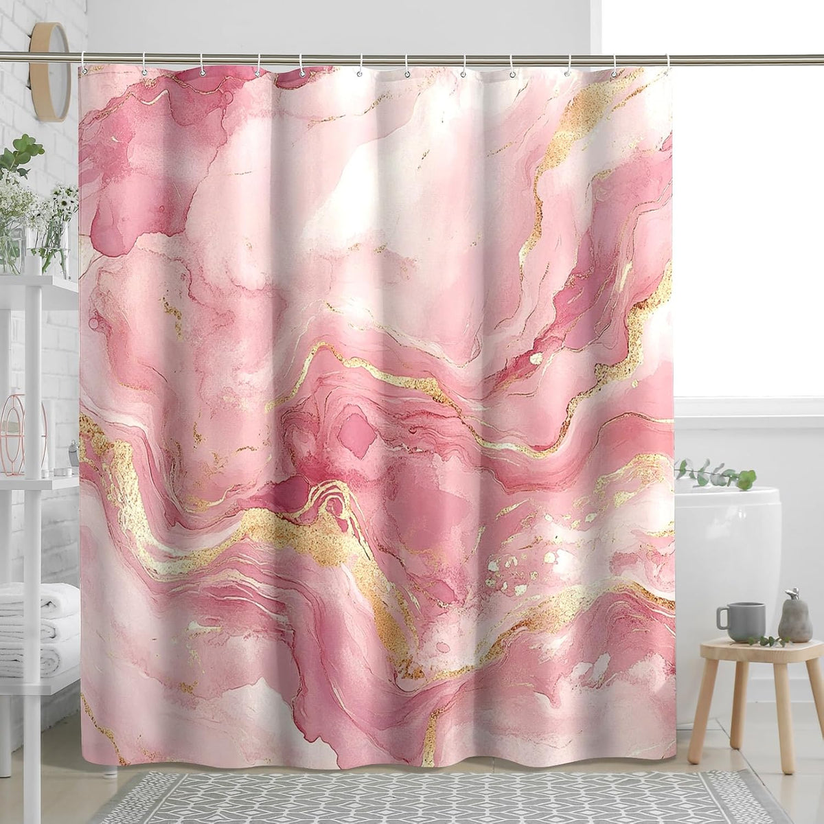 Peach Marble Shower Curtain Set, Luxury Abstract Modern Shower Curtain, 3D Contemporary Bathroom Accessories, Polyester Fabric Decorative -62''x72''