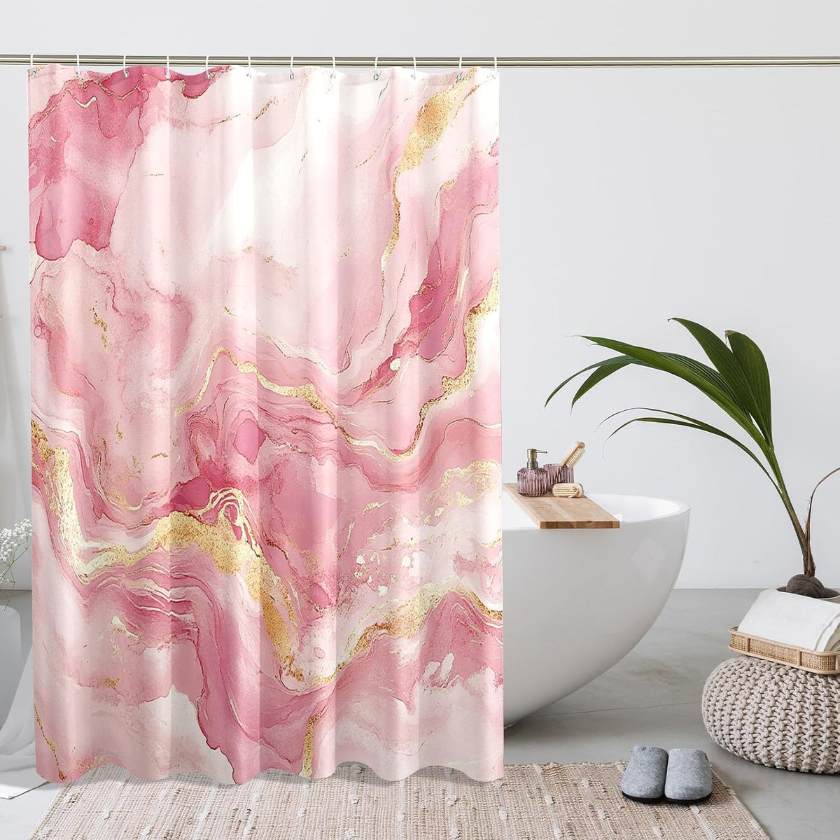 Peach Marble Shower Curtain Set, Luxury Abstract Modern Shower Curtain, 3D Contemporary Bathroom Accessories, Polyester Fabric Decorative -62''x72''