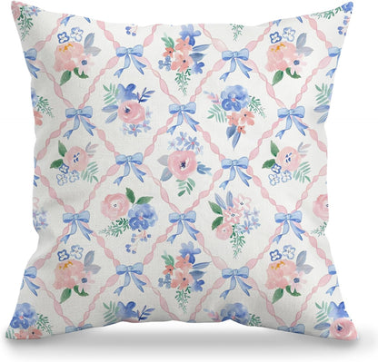 Coquette Blue Bow Floral Pillow Cover 18x18, Preppy Room Decor, Grandmillennial Pink Ribbon Trellis Flower Decorative Throw Pillow Cover Case for Girls Bedroom Dorm Home