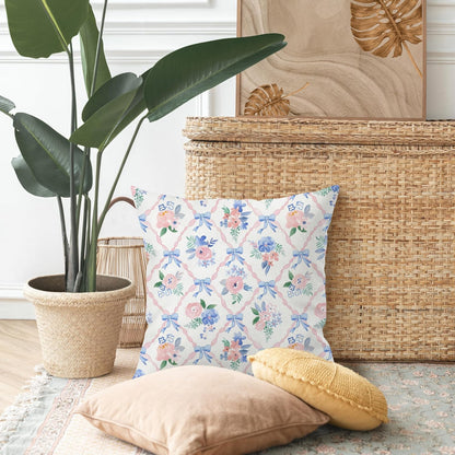 Coquette Blue Bow Floral Pillow Cover 18x18, Preppy Room Decor, Grandmillennial Pink Ribbon Trellis Flower Decorative Throw Pillow Cover Case for Girls Bedroom Dorm Home