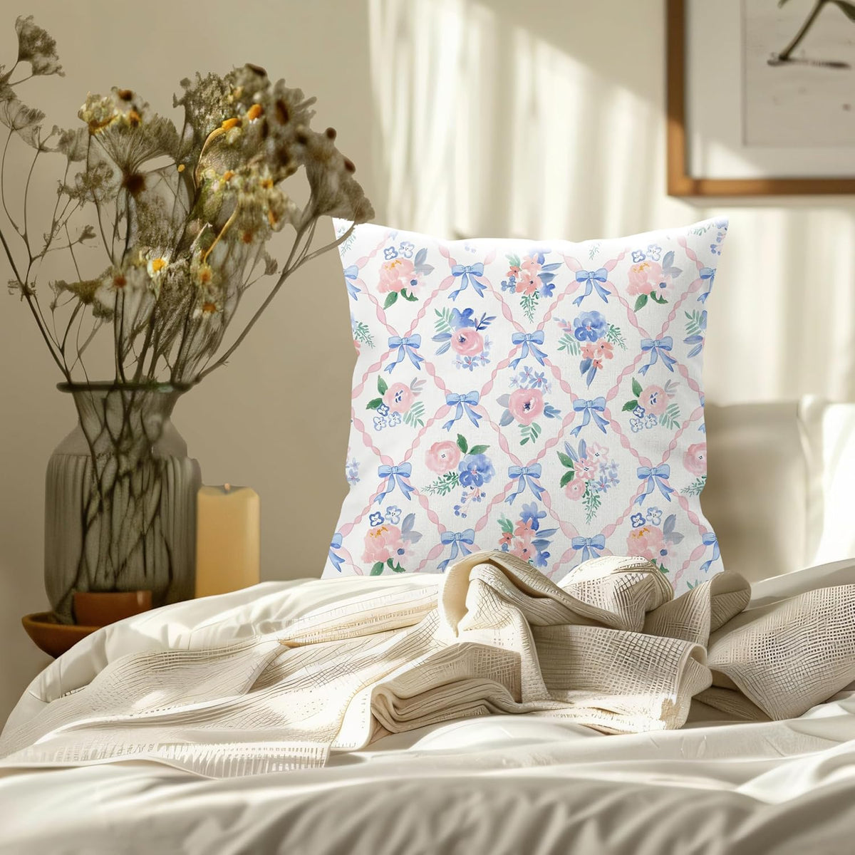 Coquette Blue Bow Floral Pillow Cover 18x18, Preppy Room Decor, Grandmillennial Pink Ribbon Trellis Flower Decorative Throw Pillow Cover Case for Girls Bedroom Dorm Home