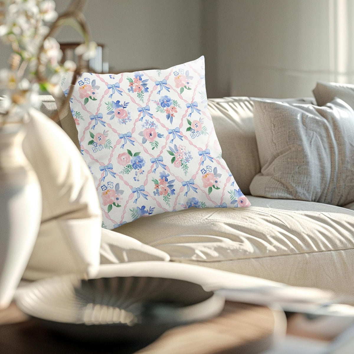 Coquette Blue Bow Floral Pillow Cover 18x18, Preppy Room Decor, Grandmillennial Pink Ribbon Trellis Flower Decorative Throw Pillow Cover Case for Girls Bedroom Dorm Home