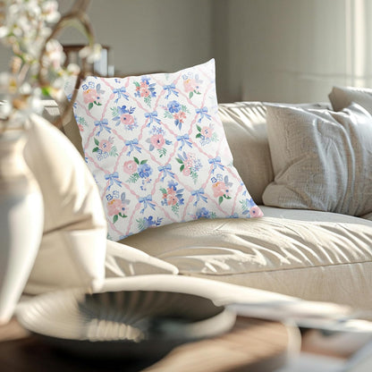 Coquette Blue Bow Floral Pillow Cover 18x18, Preppy Room Decor, Grandmillennial Pink Ribbon Trellis Flower Decorative Throw Pillow Cover Case for Girls Bedroom Dorm Home