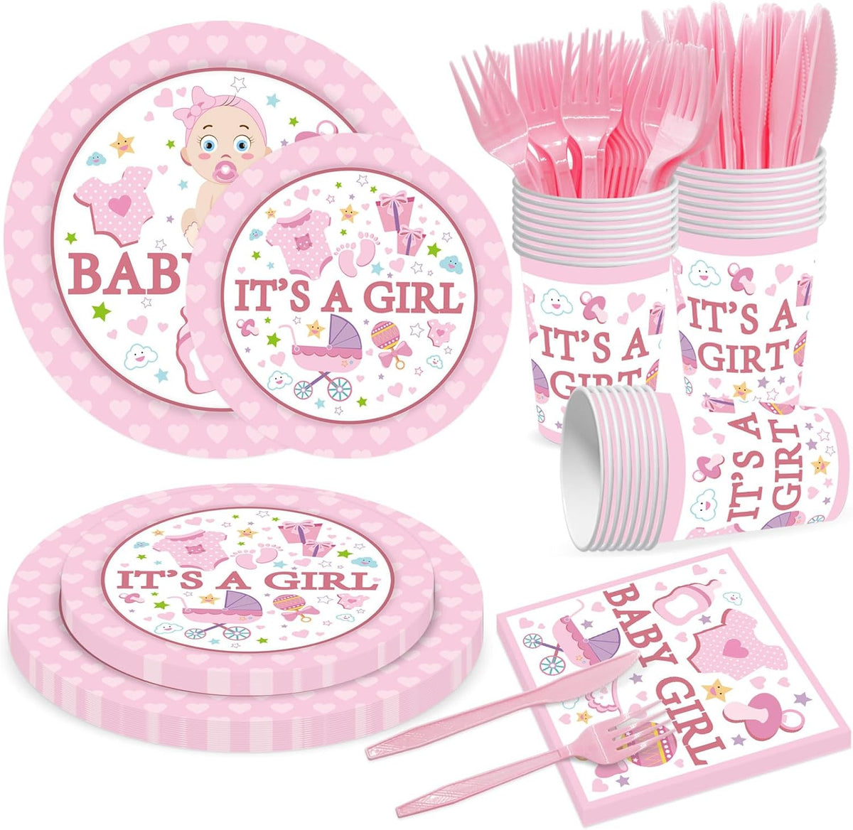 144PCS Gender Reveal Party Supplies Baby Shower Plates and Napkins Tableware Sets Pink Girls Baby Shower Party Decorations Including Paper Cartoon Plates Napkins Cups Forks Serve 24