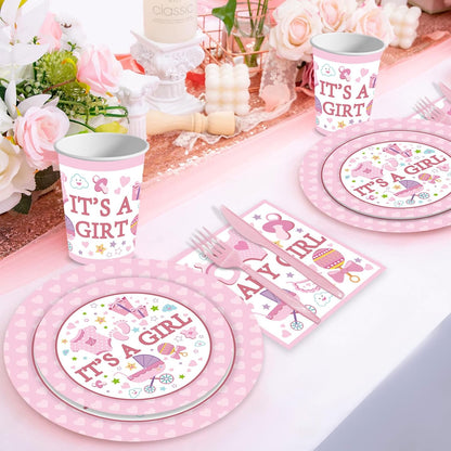 144PCS Gender Reveal Party Supplies Baby Shower Plates and Napkins Tableware Sets Pink Girls Baby Shower Party Decorations Including Paper Cartoon Plates Napkins Cups Forks Serve 24