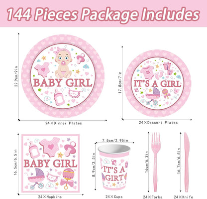 144PCS Gender Reveal Party Supplies Baby Shower Plates and Napkins Tableware Sets Pink Girls Baby Shower Party Decorations Including Paper Cartoon Plates Napkins Cups Forks Serve 24