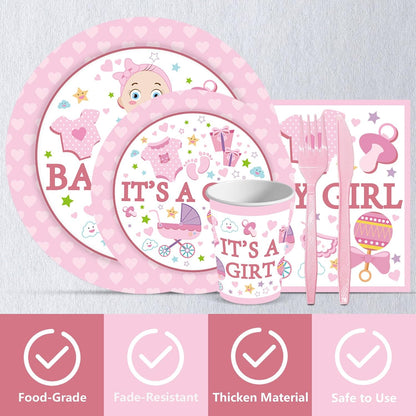 144PCS Gender Reveal Party Supplies Baby Shower Plates and Napkins Tableware Sets Pink Girls Baby Shower Party Decorations Including Paper Cartoon Plates Napkins Cups Forks Serve 24
