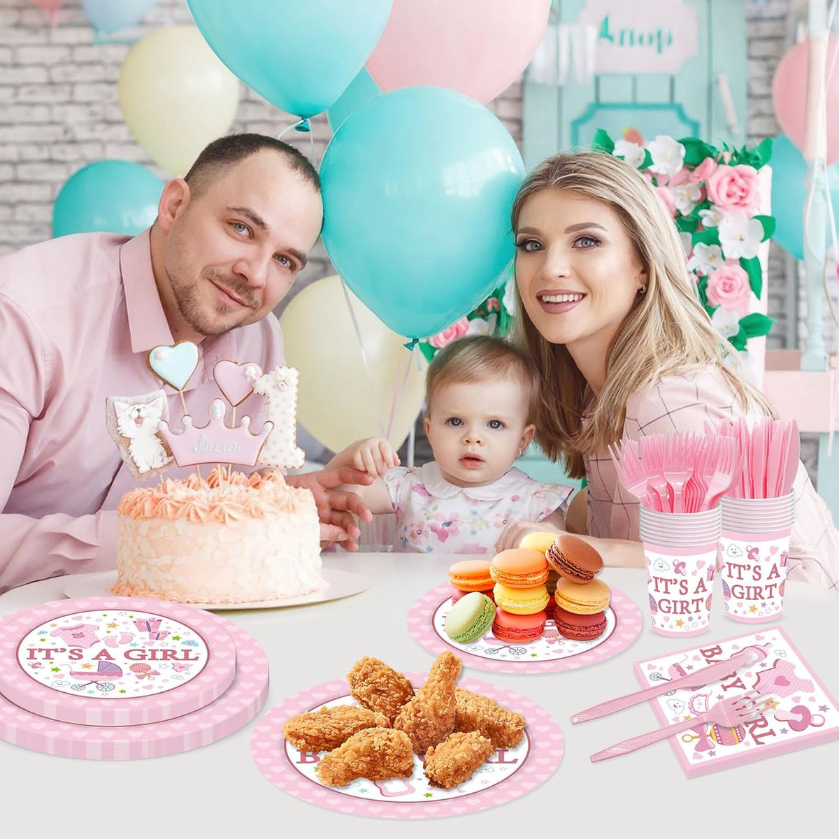 144PCS Gender Reveal Party Supplies Baby Shower Plates and Napkins Tableware Sets Pink Girls Baby Shower Party Decorations Including Paper Cartoon Plates Napkins Cups Forks Serve 24
