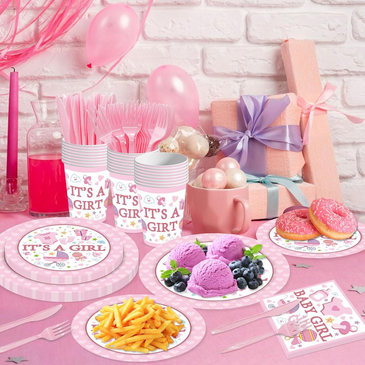 144PCS Gender Reveal Party Supplies Baby Shower Plates and Napkins Tableware Sets Pink Girls Baby Shower Party Decorations Including Paper Cartoon Plates Napkins Cups Forks Serve 24
