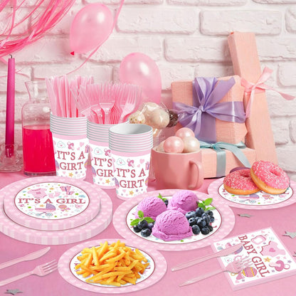 144PCS Gender Reveal Party Supplies Baby Shower Plates and Napkins Tableware Sets Pink Girls Baby Shower Party Decorations Including Paper Cartoon Plates Napkins Cups Forks Serve 24