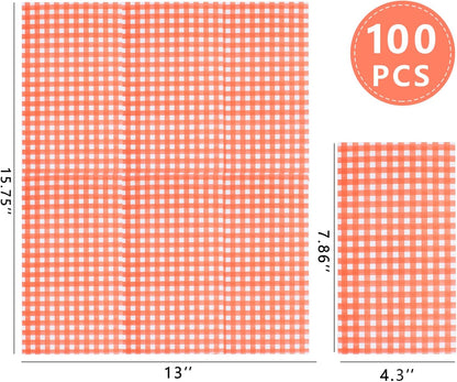 WDF 150Pack Orange Checkered Napkins - 3 Ply Disposable Orange and White Gingham Napkins Guest Napkins, Dinner Napkins Paper for Spring/Picnic/Wedding/Birthday/Party/Mother's Day