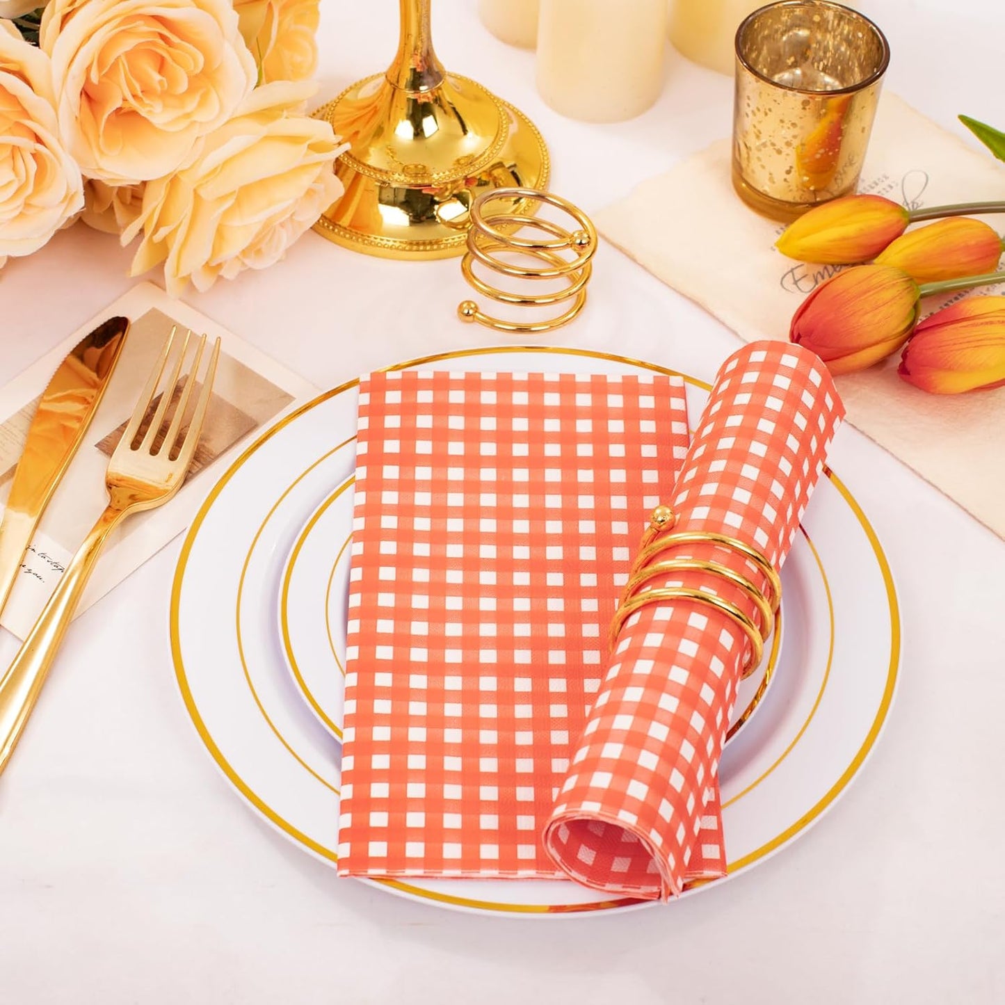 WDF 150Pack Orange Checkered Napkins - 3 Ply Disposable Orange and White Gingham Napkins Guest Napkins, Dinner Napkins Paper for Spring/Picnic/Wedding/Birthday/Party/Mother's Day
