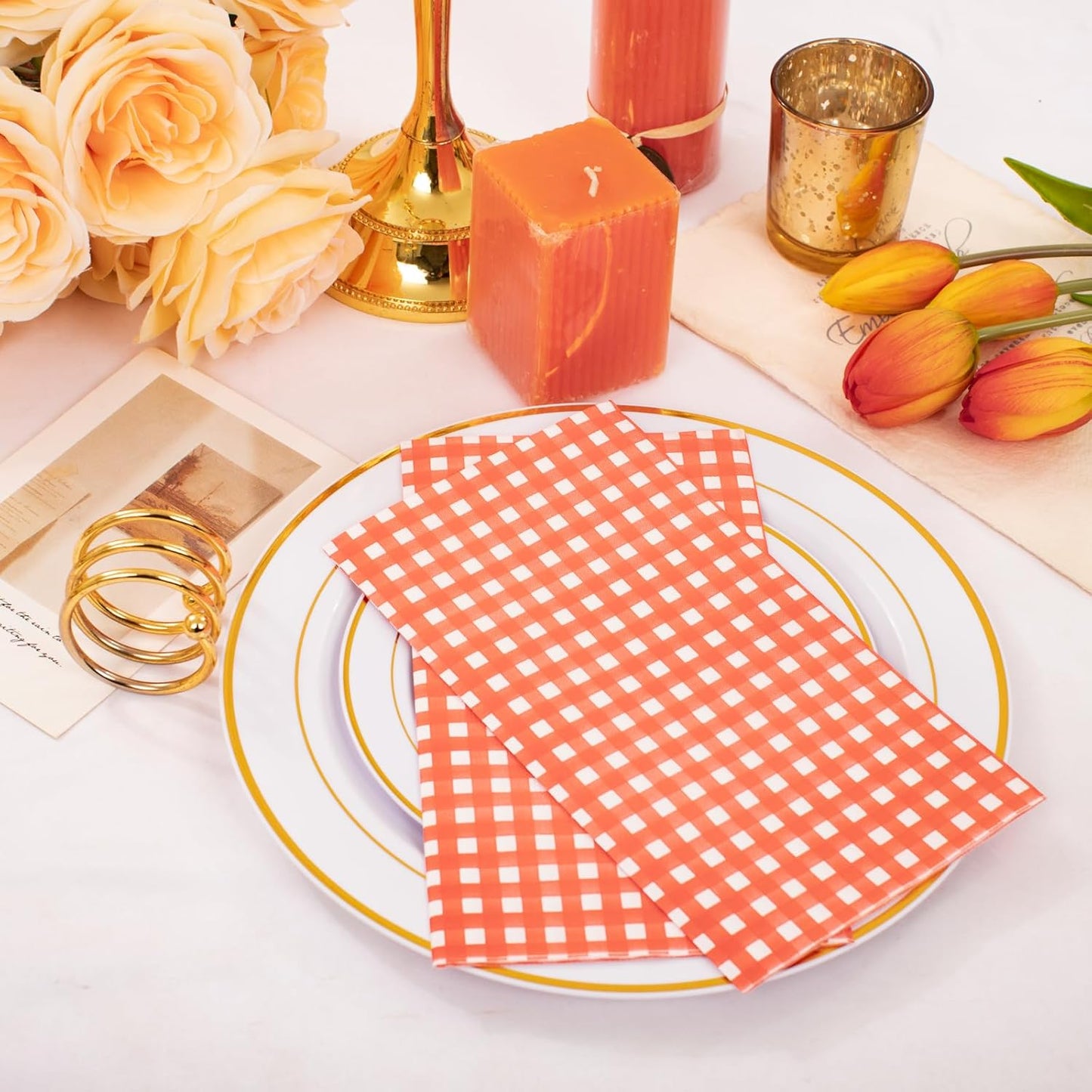 WDF 150Pack Orange Checkered Napkins - 3 Ply Disposable Orange and White Gingham Napkins Guest Napkins, Dinner Napkins Paper for Spring/Picnic/Wedding/Birthday/Party/Mother's Day