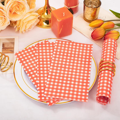 WDF 150Pack Orange Checkered Napkins - 3 Ply Disposable Orange and White Gingham Napkins Guest Napkins, Dinner Napkins Paper for Spring/Picnic/Wedding/Birthday/Party/Mother's Day