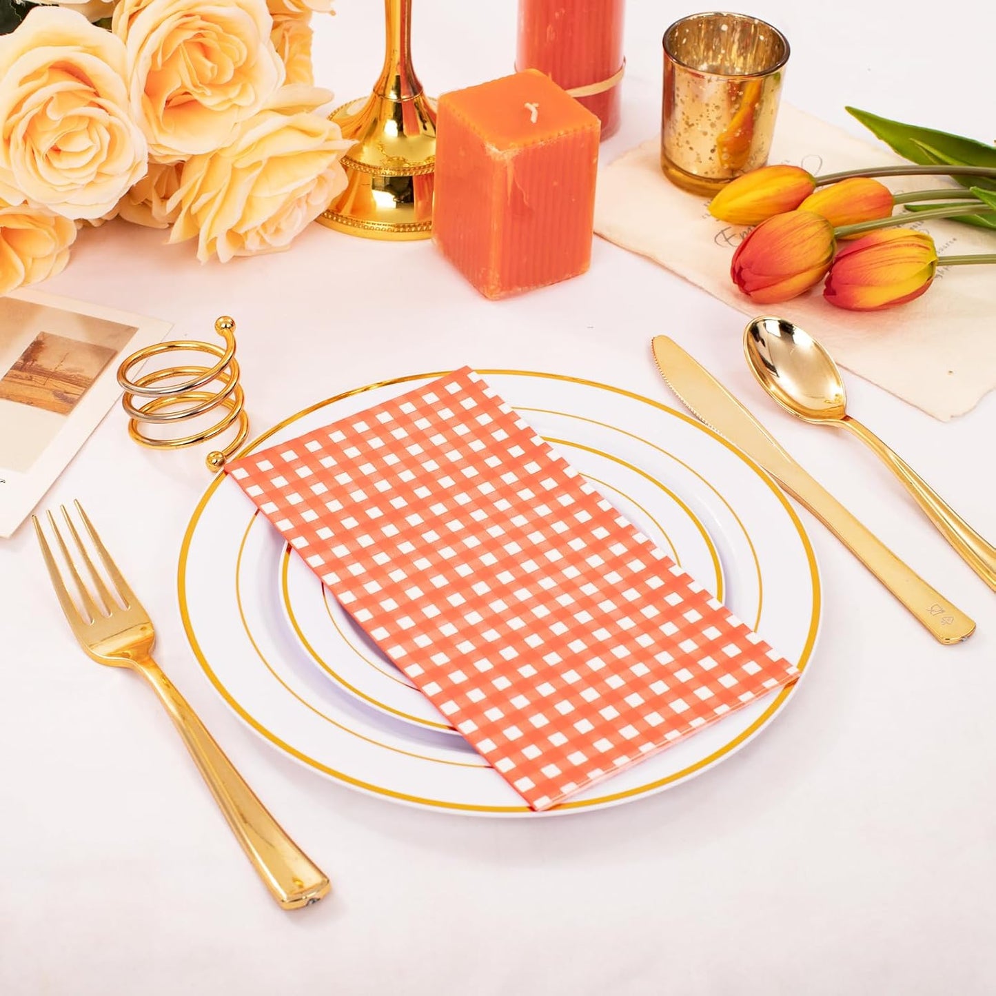 WDF 150Pack Orange Checkered Napkins - 3 Ply Disposable Orange and White Gingham Napkins Guest Napkins, Dinner Napkins Paper for Spring/Picnic/Wedding/Birthday/Party/Mother's Day