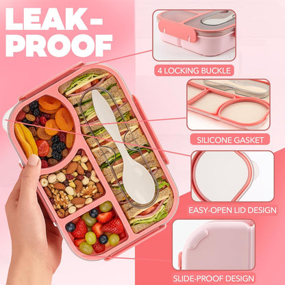 Bento Box for Adults,4 Compartments Lunch Box, Snack Containers Reusable Lunch Containers Drop-Proof, Dishwasher Safe & Made with BPA-Free Materials, Pink