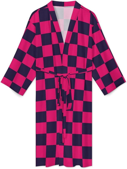 Navyblue Pink Checkered Print Robes for Men Women, Soft Bathrobe Lightweight Long Men Womens Robes Cozy Bath Robe
