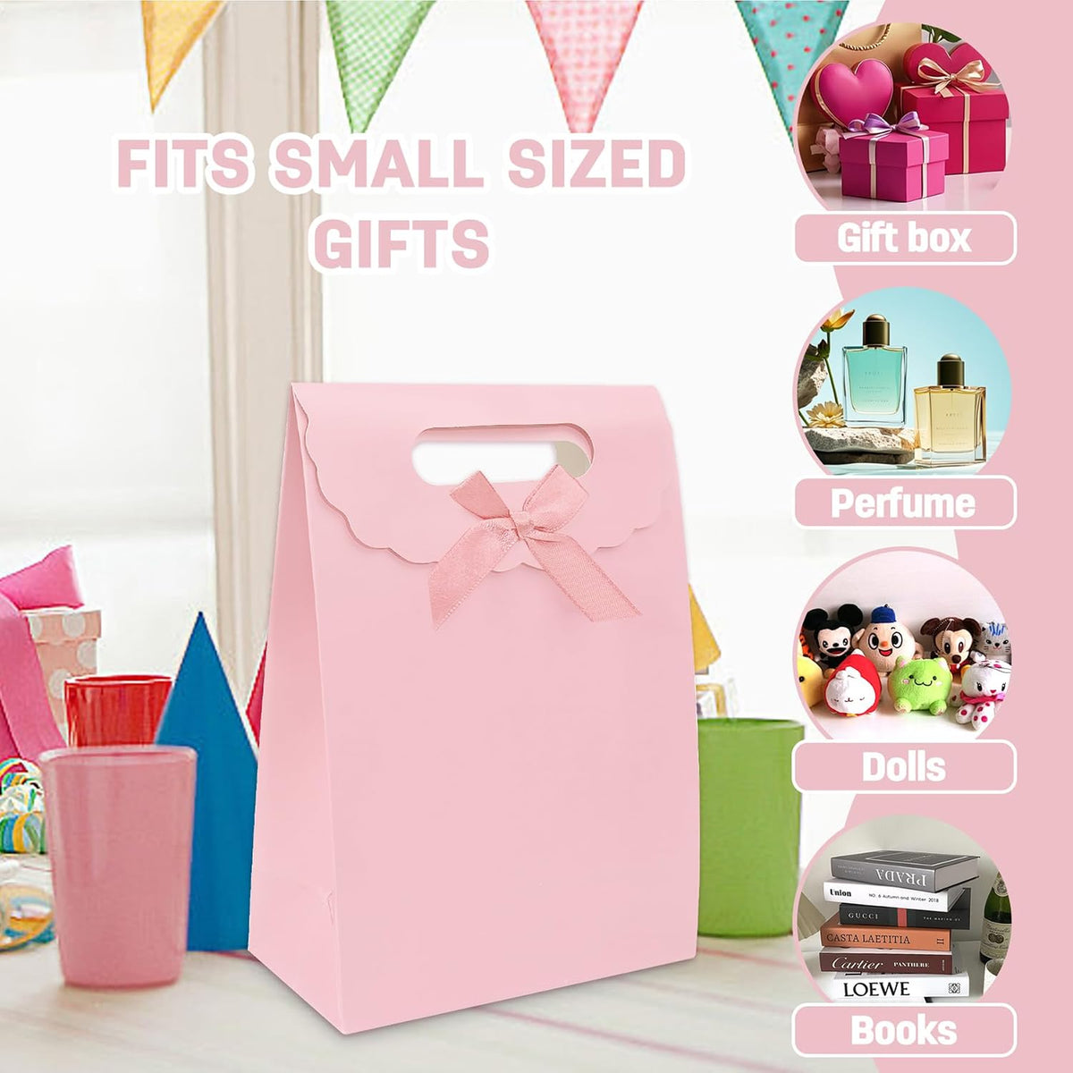 gift bags with handles medium size 7×4×10 inch 16pcs for gift wrap birthday,party favor,wedding,anniversary (pink)