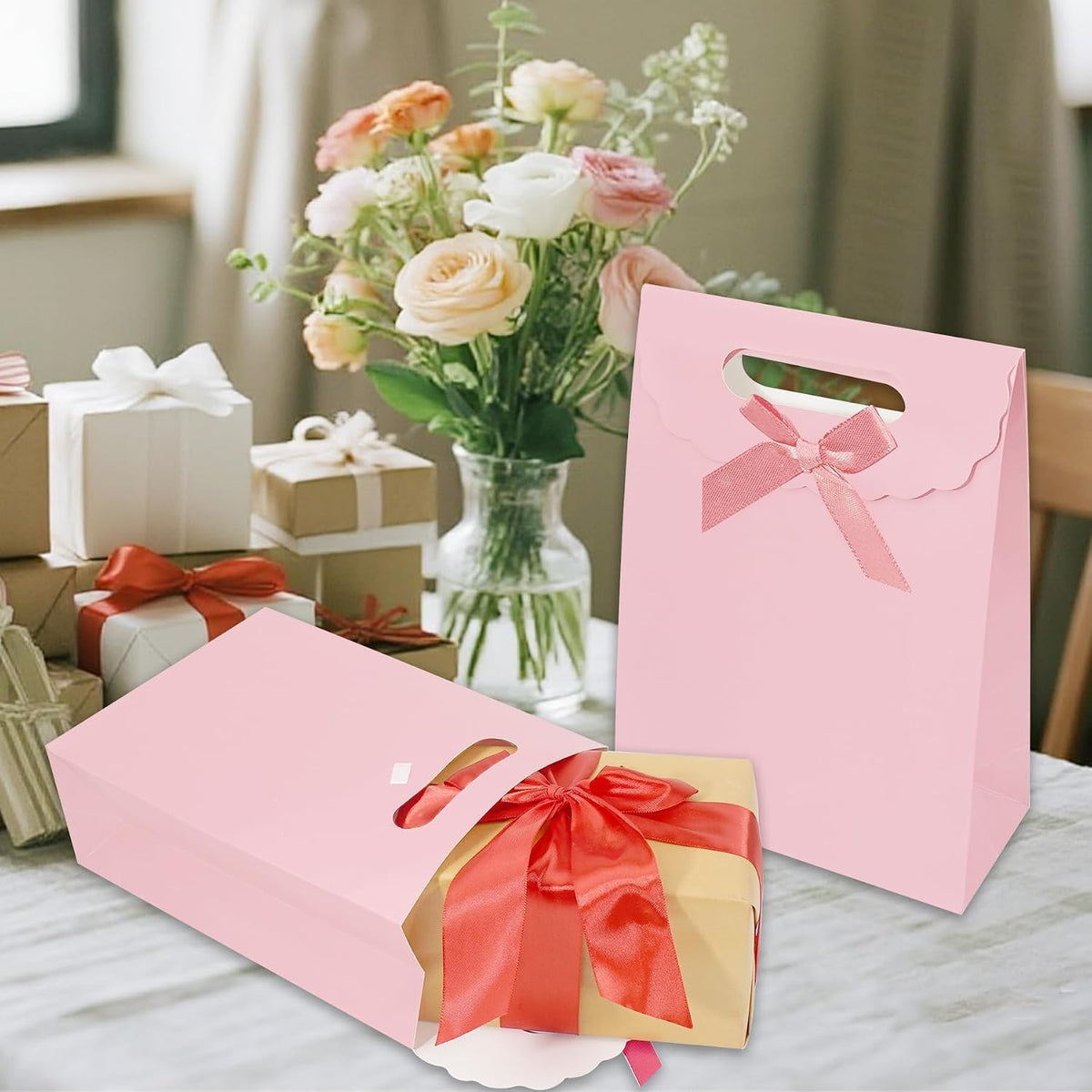 gift bags with handles medium size 7×4×10 inch 16pcs for gift wrap birthday,party favor,wedding,anniversary (pink)