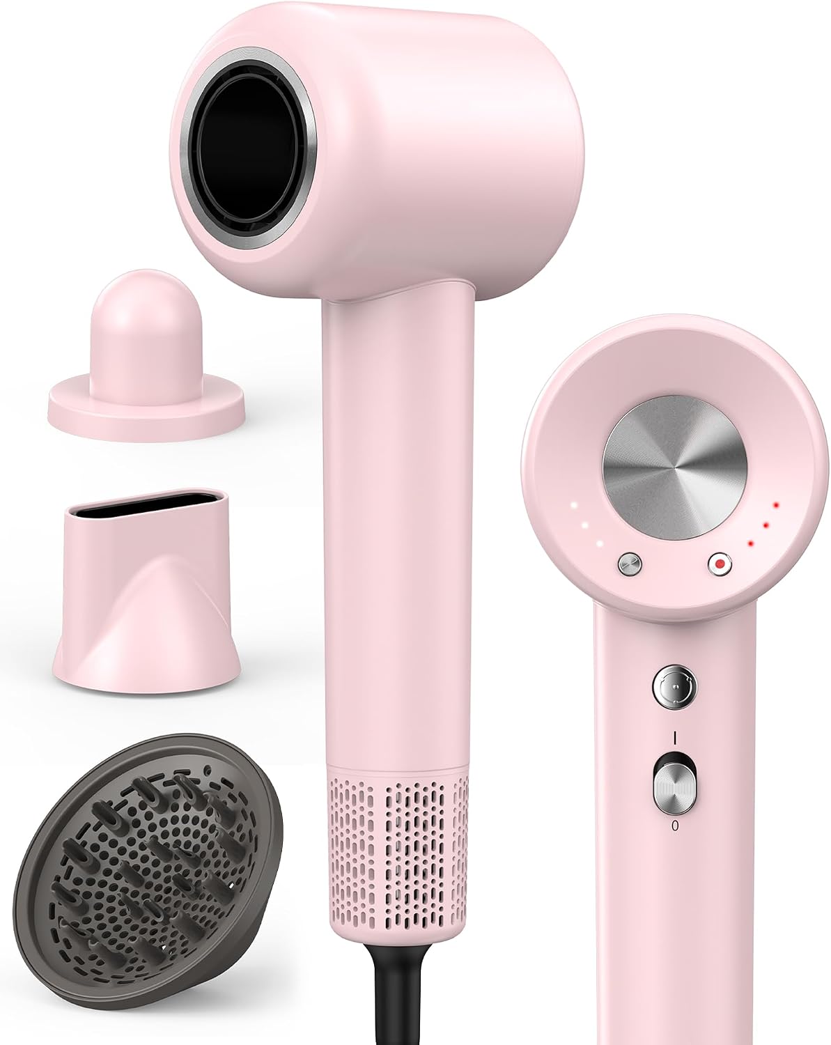 High Speed Ionic Professional Hair Blow Dryer,160000 RPM Powerful Fast Drying Travel Hairdryer Blowdryer with Magnetic Diffuser, Concentrator Nozzle & Wall Mount Bracket, 3 Speeds & 4 Temps, Pink