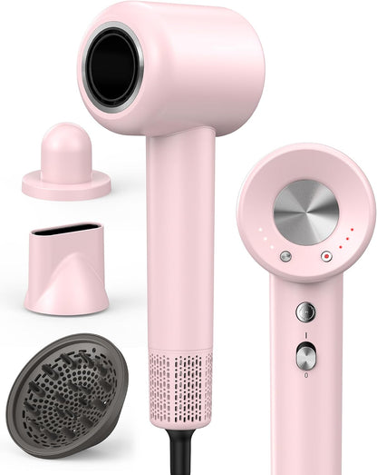 High Speed Ionic Professional Hair Blow Dryer,160000 RPM Powerful Fast Drying Travel Hairdryer Blowdryer with Magnetic Diffuser, Concentrator Nozzle & Wall Mount Bracket, 3 Speeds & 4 Temps, Pink