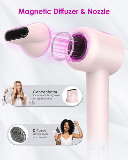 High Speed Ionic Professional Hair Blow Dryer,160000 RPM Powerful Fast Drying Travel Hairdryer Blowdryer with Magnetic Diffuser, Concentrator Nozzle & Wall Mount Bracket, 3 Speeds & 4 Temps, Pink