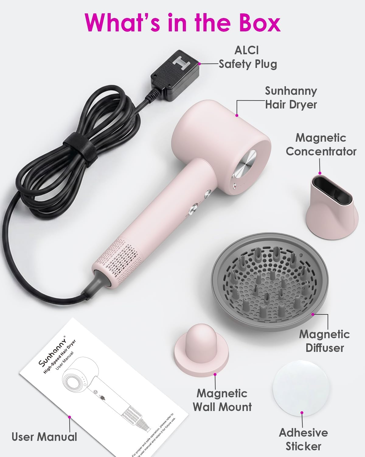 High Speed Ionic Professional Hair Blow Dryer,160000 RPM Powerful Fast Drying Travel Hairdryer Blowdryer with Magnetic Diffuser, Concentrator Nozzle & Wall Mount Bracket, 3 Speeds & 4 Temps, Pink