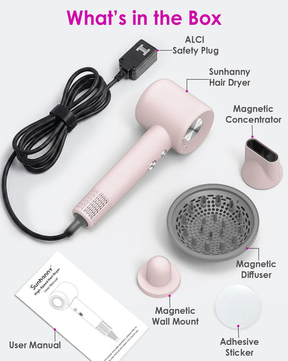 High Speed Ionic Professional Hair Blow Dryer,160000 RPM Powerful Fast Drying Travel Hairdryer Blowdryer with Magnetic Diffuser, Concentrator Nozzle & Wall Mount Bracket, 3 Speeds & 4 Temps, Pink