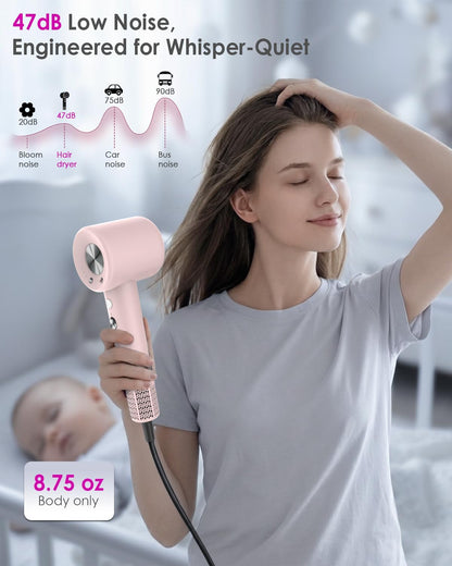 High Speed Ionic Professional Hair Blow Dryer,160000 RPM Powerful Fast Drying Travel Hairdryer Blowdryer with Magnetic Diffuser, Concentrator Nozzle & Wall Mount Bracket, 3 Speeds & 4 Temps, Pink